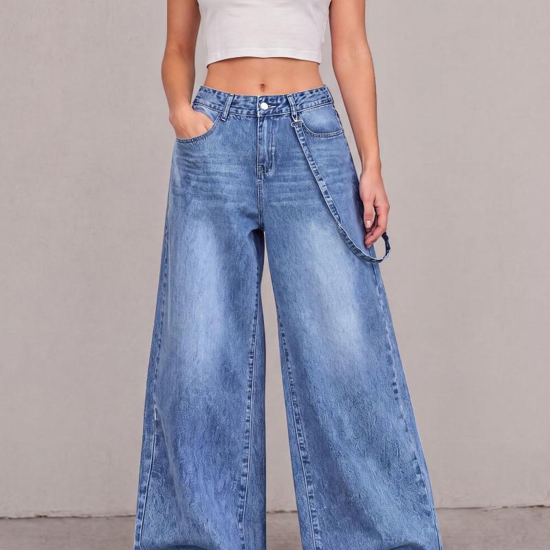 Ladies Vintage Washed Wide Leg Denim Pants High Waist Spliced Detail Button Closure Relaxed Silhouette Streetwear Jeans With Front Pockets