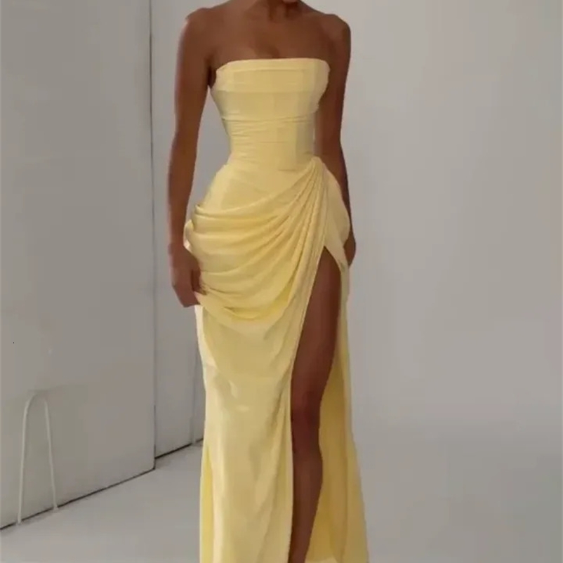 Solid Pleated Strapless Women's Dress Backless Off-shoulder High Waist Split Female Dresses Sexy Summer Evening Party Gown 260923