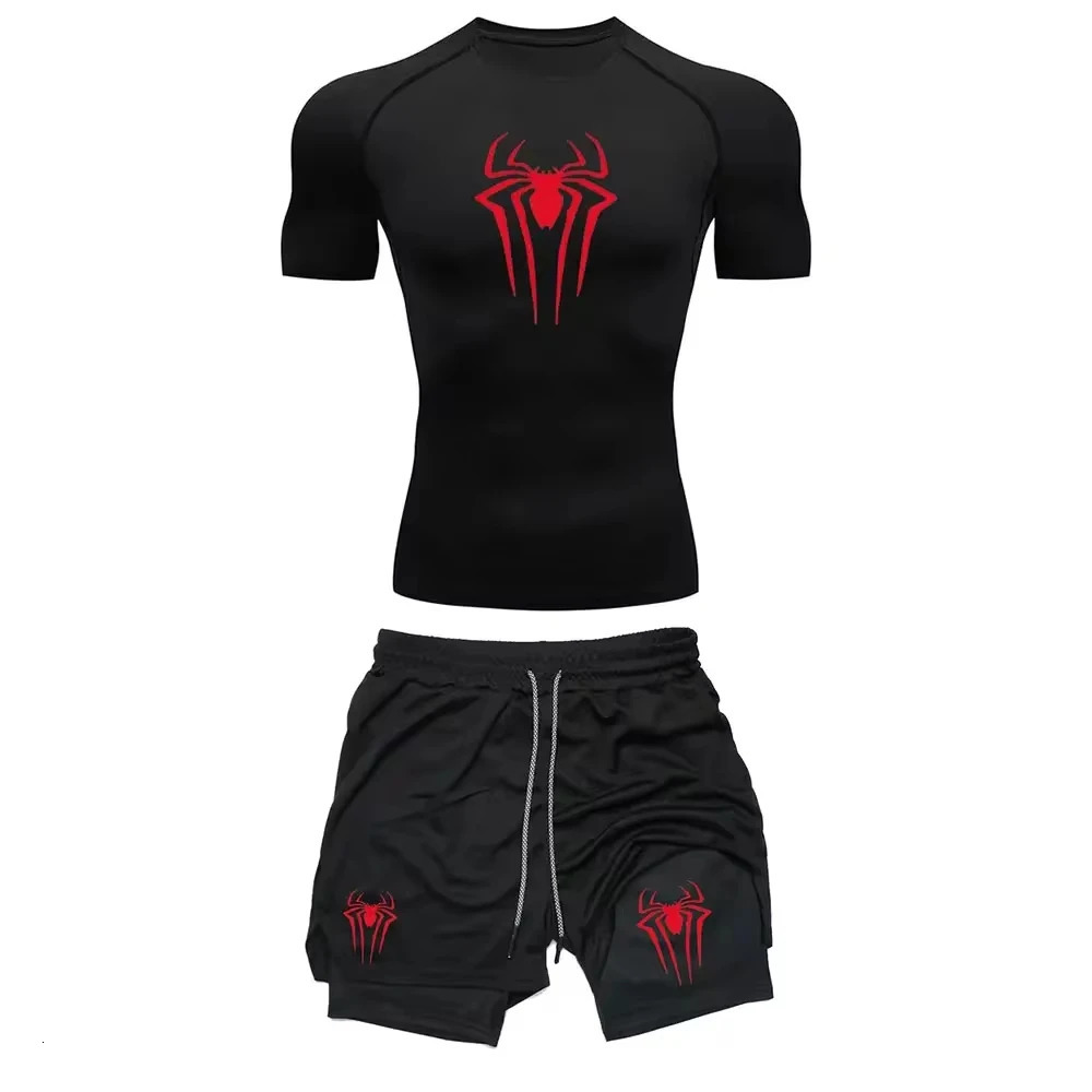 Mens Workout Compression Set Y2K Spider Printed Gym Tshirts Breathable Running Shorts Quick Dry Sports Rash Guard Sportwear Set 260924