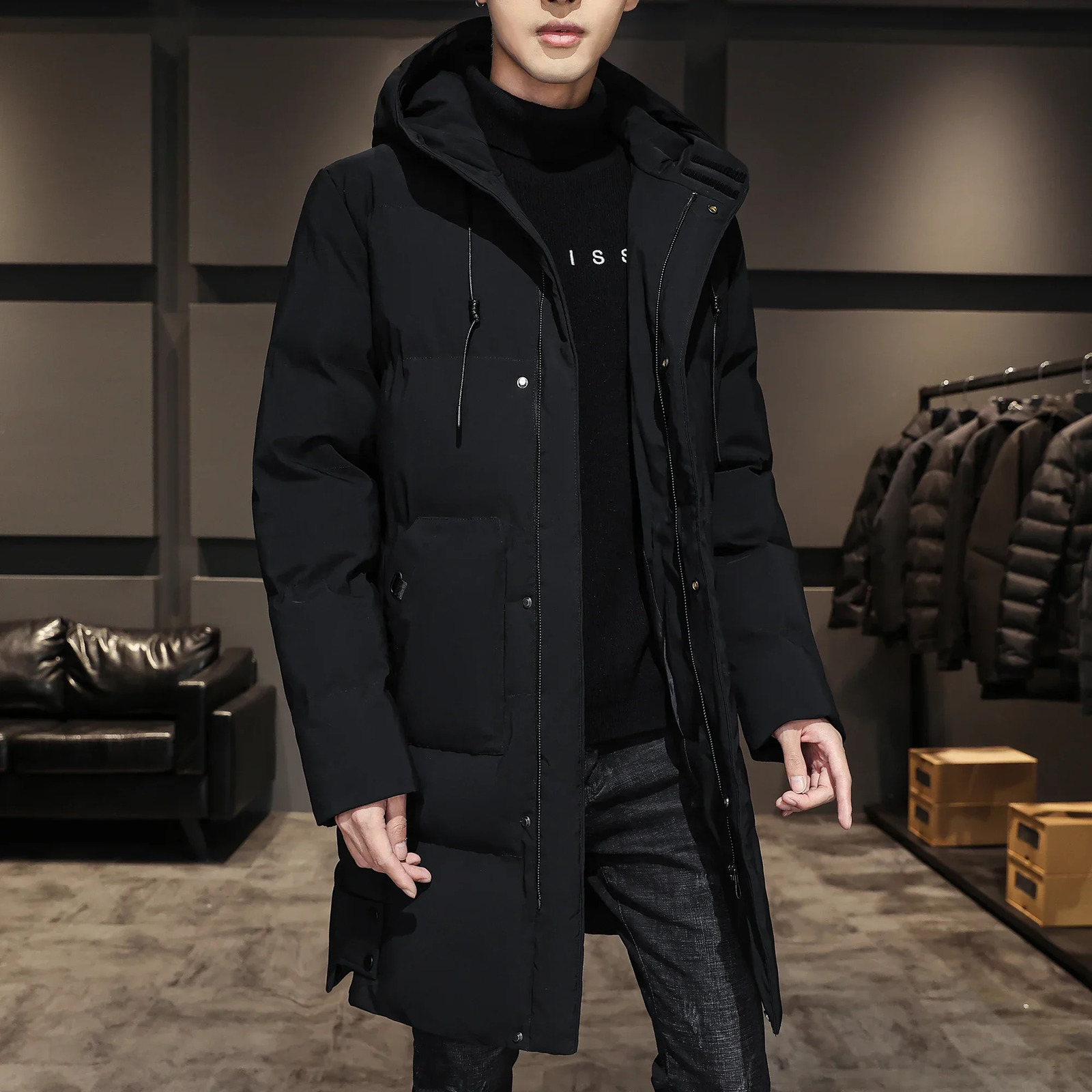 Quality Long Cotton-padded Coat Warm Simple Solid Color Thin Look High Trend All Quality Fabric Comfortable Men's Parkas down 260923