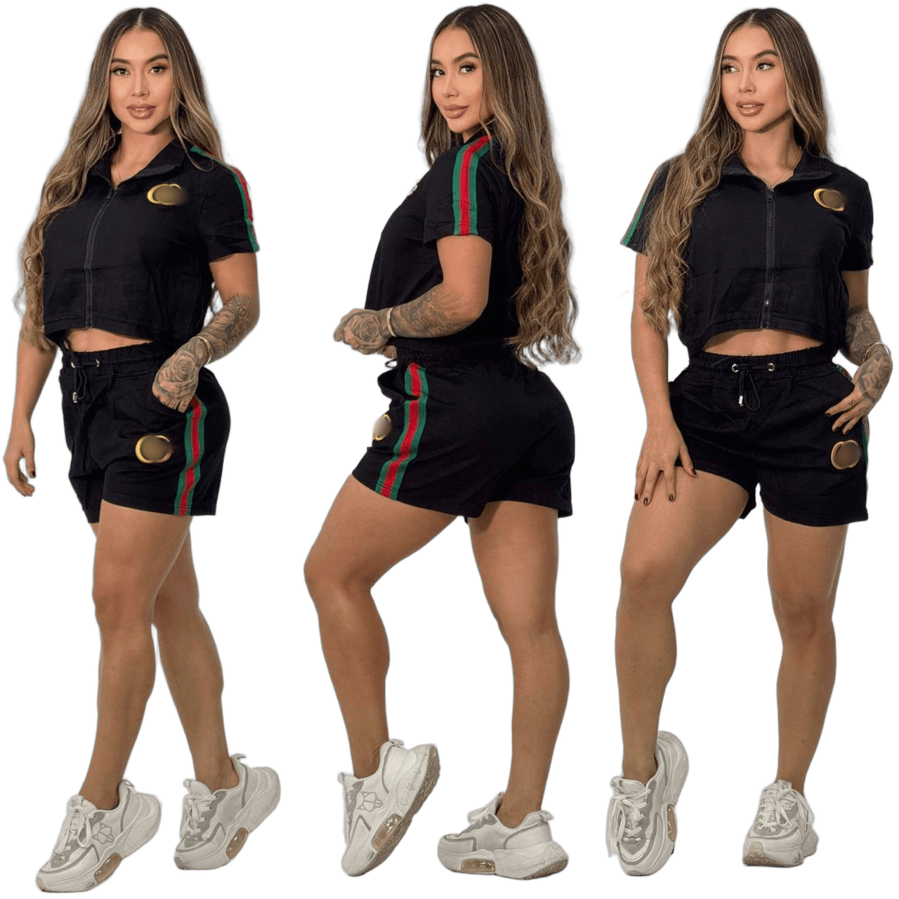 Women 2 Piece Summer Outfit Zip Up Cropped Top Side Stripe Drawstring Shorts Casual Matching Tracksuit Set