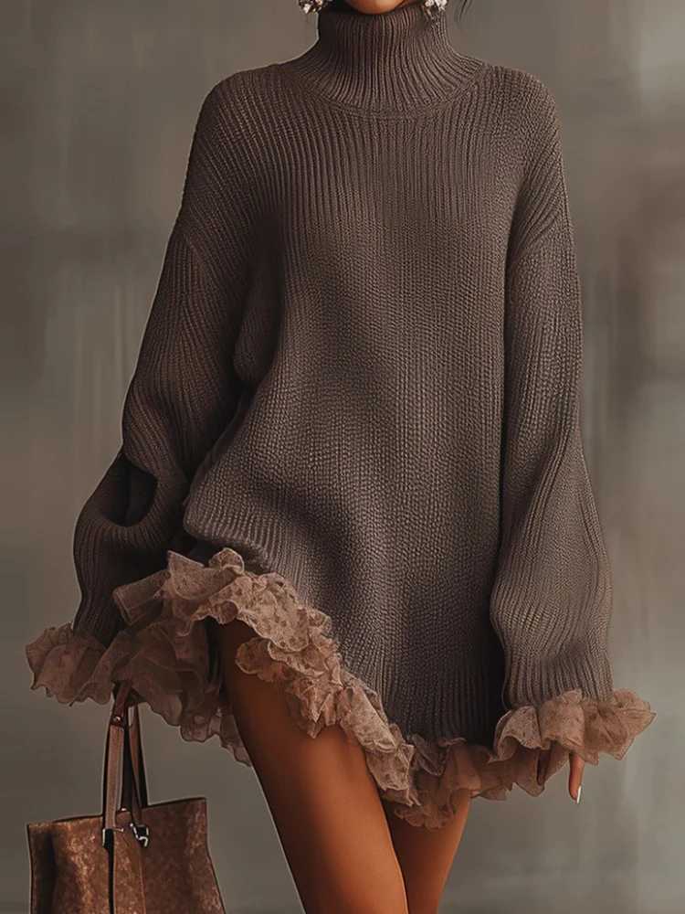 Women's Sweaters Long Sleeve Lace Patchwork Long Sweaters Women Autumn Turtleneck Knit Elegant Pullovers New Casual Solid Lady Mini Dress Sweat
