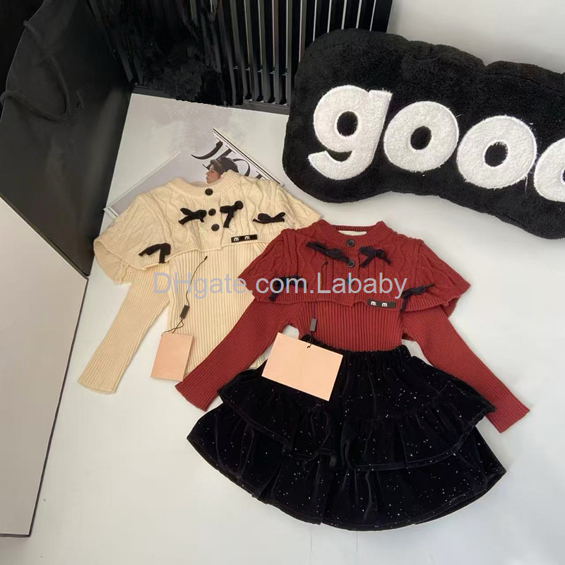 Autumn Winter Kids Designer Clothes Two Piece Set Baby Girls Korean Style Bow-knot Knitted Top Sweater Mini Skirt Pants Trendy Children's Cloth