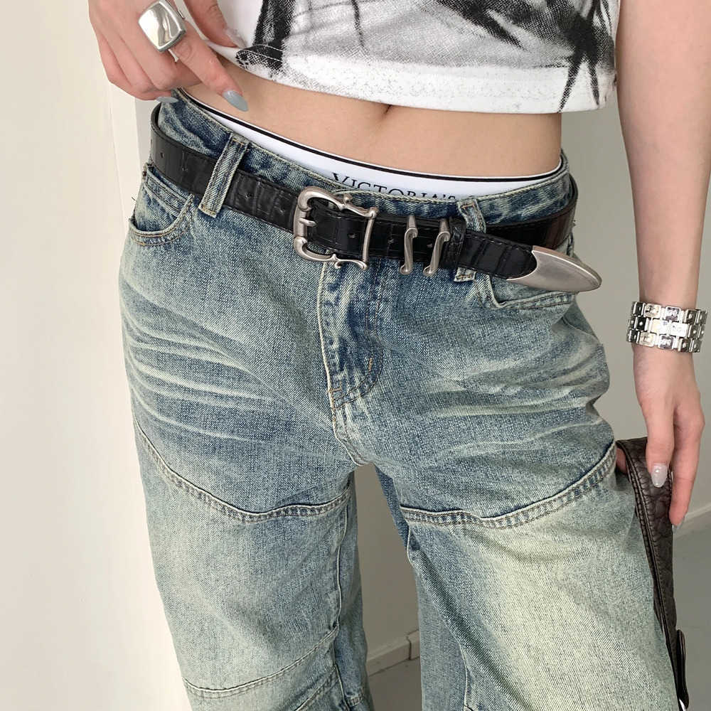 Y2K Belts American Vintage Crocodile Pattern Leather Belt Women's Designer Irregular Metal Buckle Belt With Jeans Belt J260923