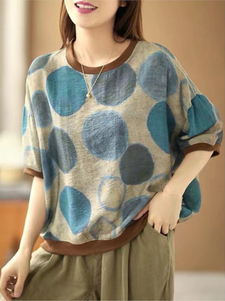 Johnature Women Vintage Linen T-Shirts And Tops Print Polka Dot O-Neck Short Sleeve Tees 2025 Summer New Casual T-shirts