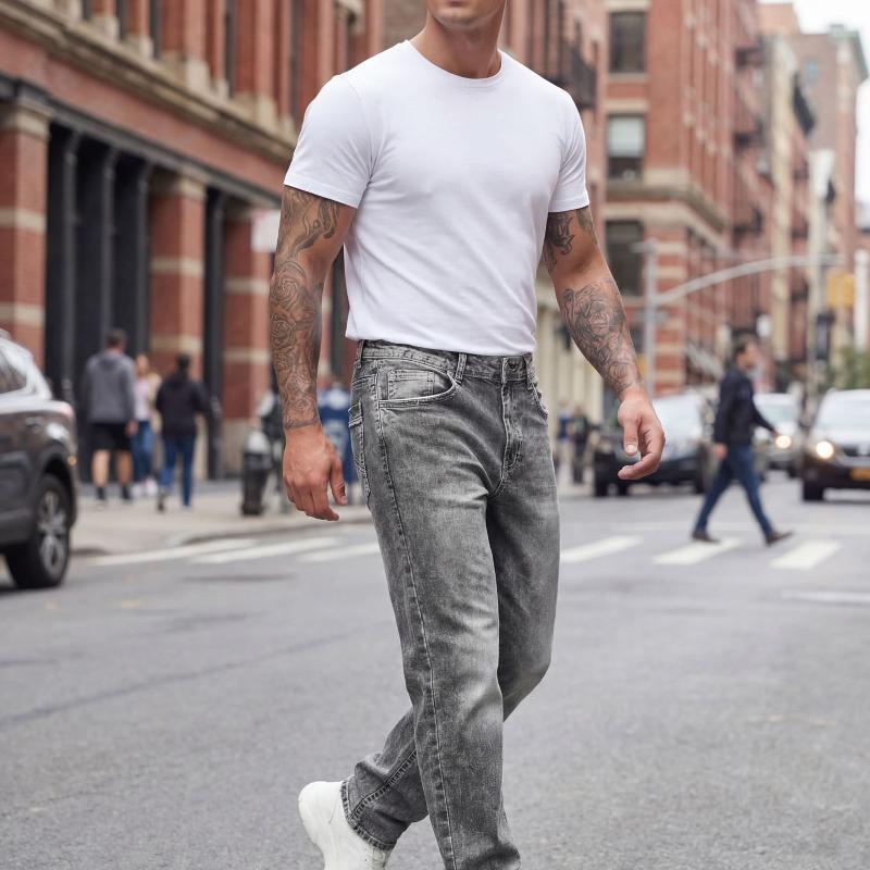 Pantalon en denim bootcut gris délavé pour hommes, taille moyenne, lavage à l'acide vintage, jean évasé mince, bouton, fermeture éclair, classiqu