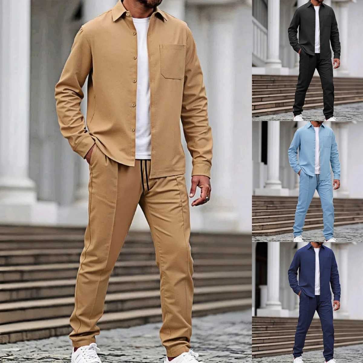 Spring and Autumn New Men's Casual Fashionable Workwear Suit Solid Color Long-Sleeved Shirt and Long Pants Two-Piece Set T260924