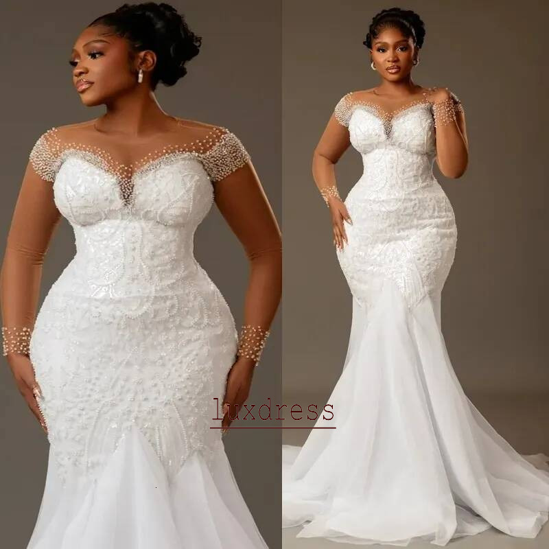 Elegant Off White Dress Bridal Bride Mermaid Sheer Neck Illusion Long Sleeves Beaded Lace Pearls Ruffles Wedding Gowns For Black Women