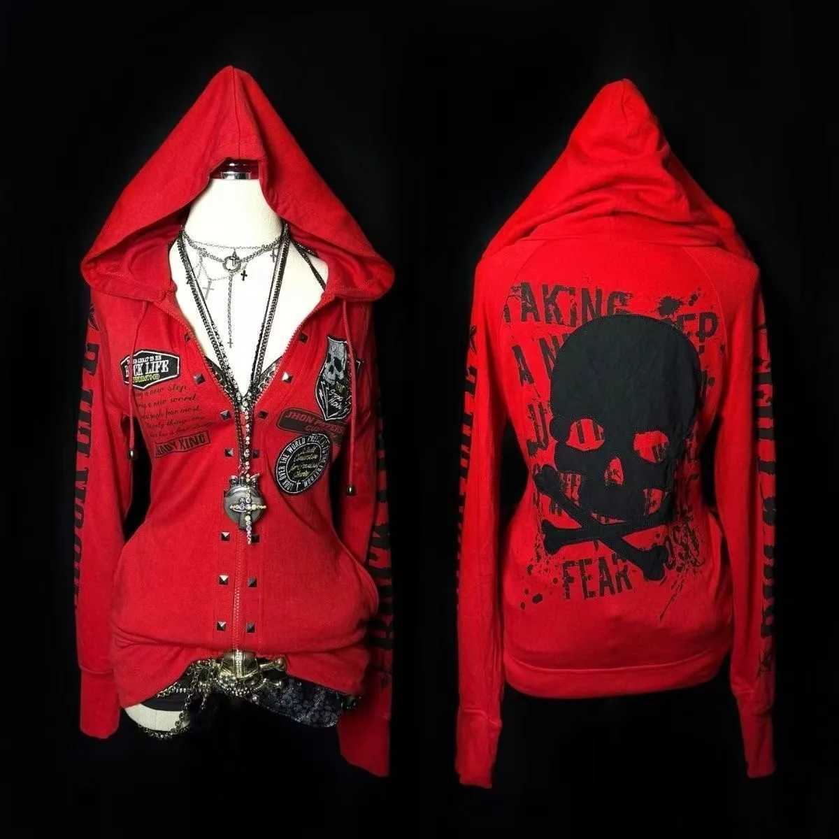 Millennial y2k American retro punk rock dark Harajuku Spice Gis long sleeved hoodie skeleton letter cardigan fall t T260923