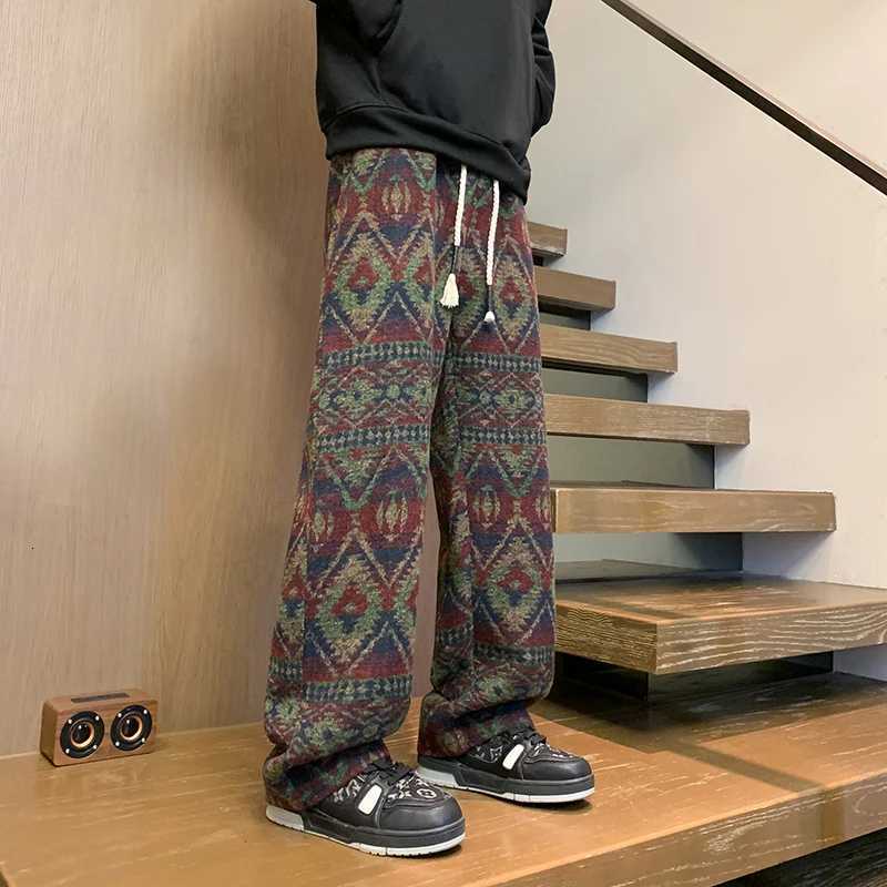 Men's Pants Wide Leg Pants Men's Vintage Geometric Knitted Jacquard Pants Casual Straight Pants Ethnic Tribal Style Winter Trousers Man D2