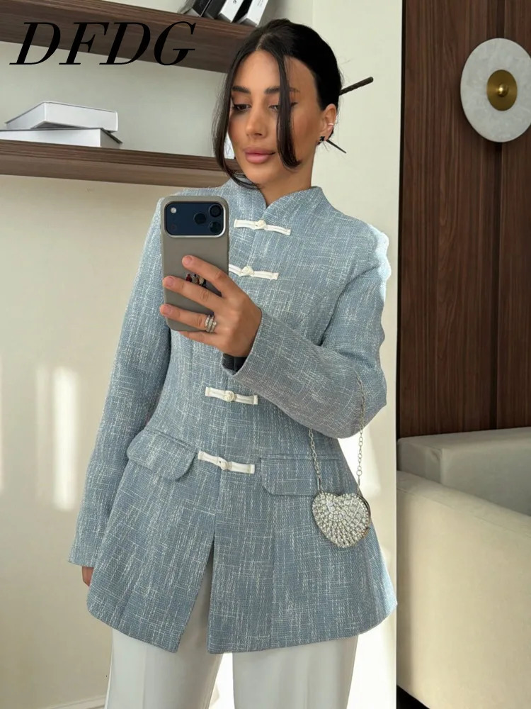 DFDG Womens Spring Summer Mandarin Collar Frog Button Tweed Fitted Blazer Elegant Casual Office Wear 2026 Trendy Fashion 260924