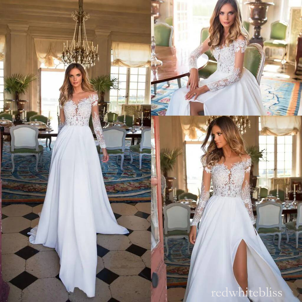 Milla Nova New Sexy Beach Wedding Dress Chiffon Lace Sheer Neck Sleeves Bride Dresses Side Split Long Bohemian Party Gowns