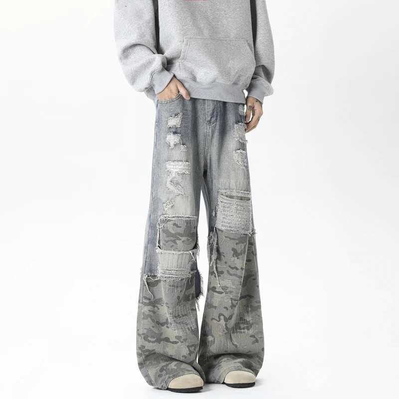 Men's Jeans Camouflage Wide jeans men Ripped Patchwork New Mainstream Hip Hop Skateboard Men Women Streetwear High Street Super Loose Jeans H26