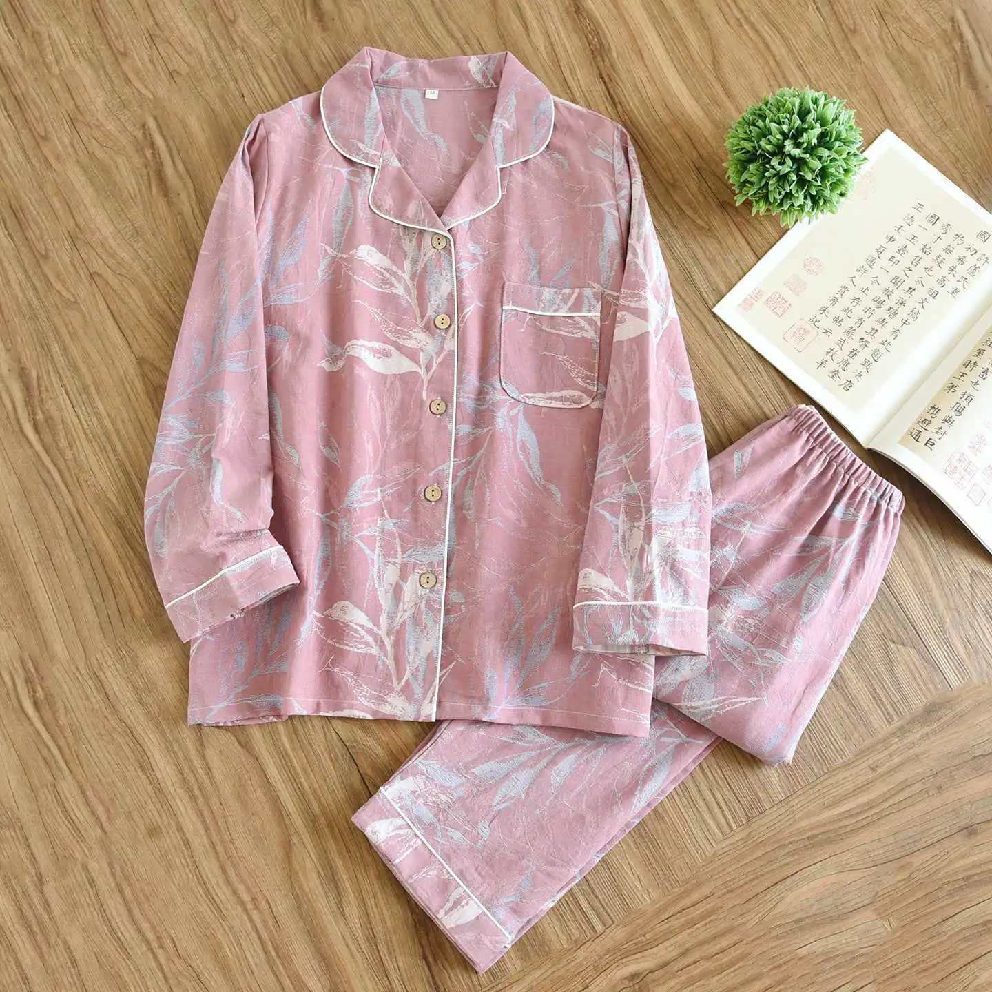 Women's Sleep Lounge 2026 Spring And Autumn Women's Pajama Set 100% Cotton Jacquard Long Sleeve Pants Two Piece Leaf Home Furnishing Pajam
