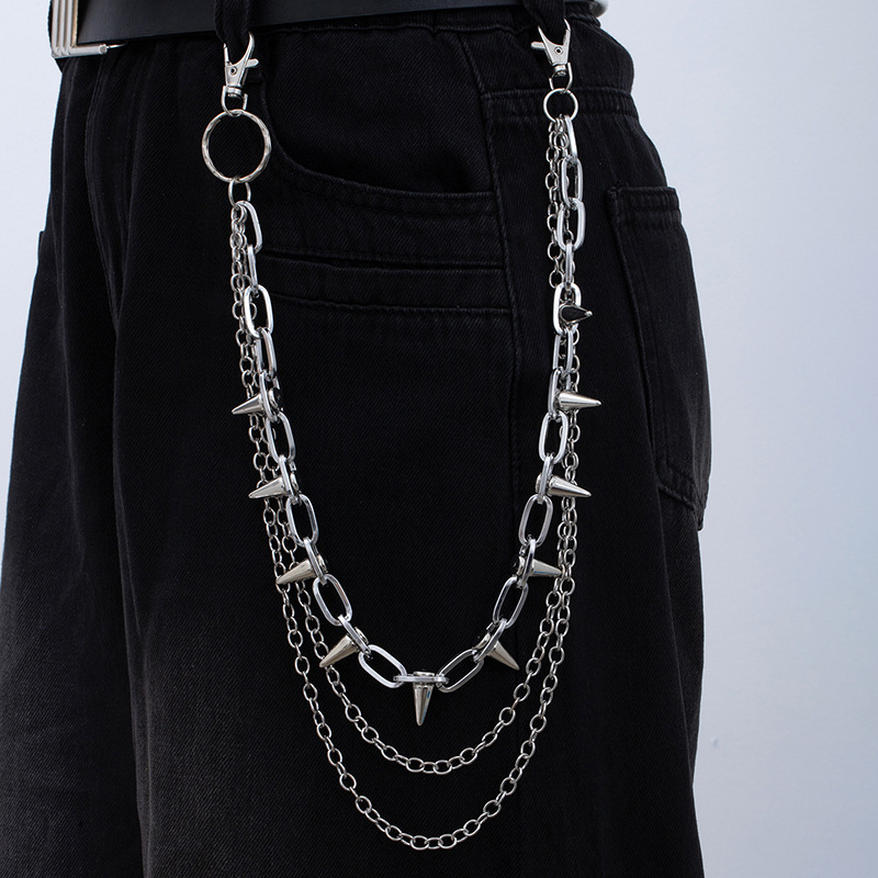 Exaggerated Double Layer Pants Gun Black Star Spike Waist Men's Cross-Border Hot Sale Punk Style Jeans Chain