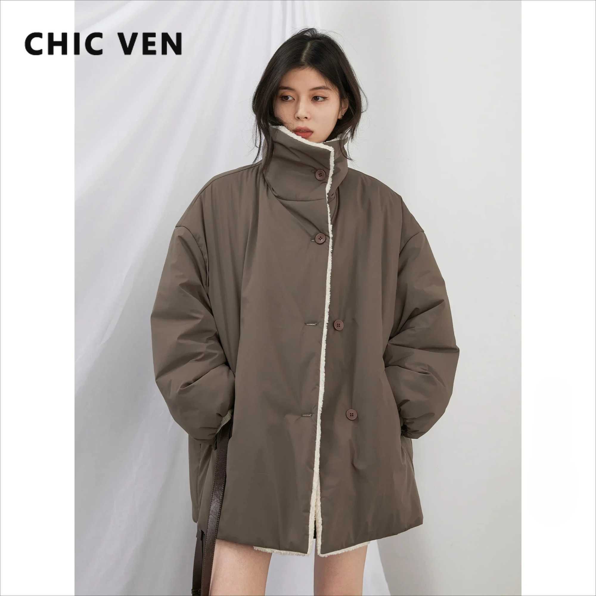 CHIC VEN Korean Women Jacket Solid Loose Casual Contrast Plush Coat Single Breasted Thickened Female Overcoat Autumn Winter 2024 Z260924