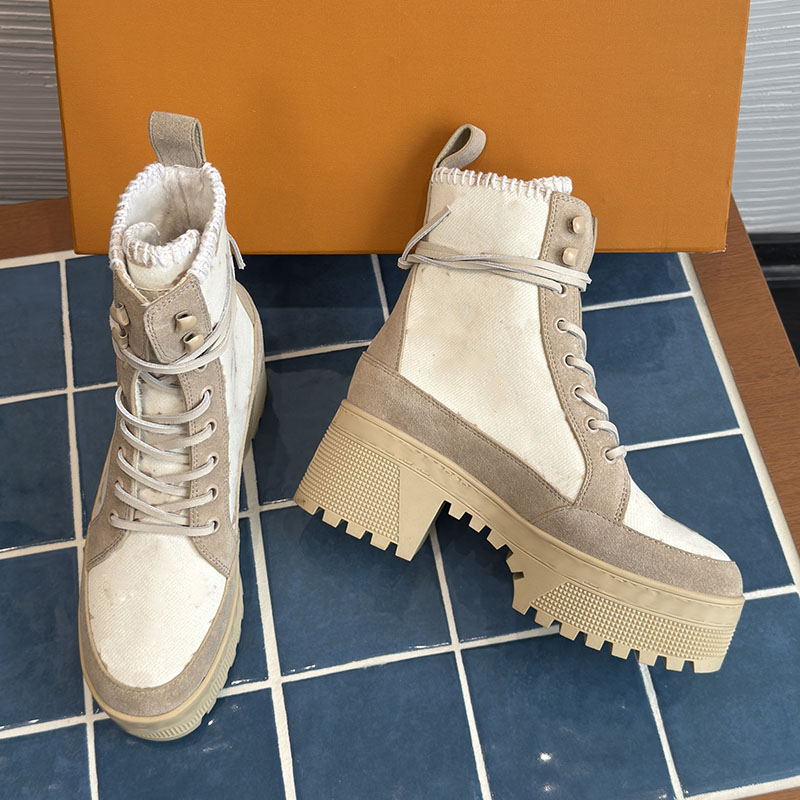 Women Chunky Platform Heels 7.5cm Ankle Boots Designer Denim Suede Lace Up Outdoor Leisure Shoes Vintage Black Brown Casual Shoes Rubber Sole Wester