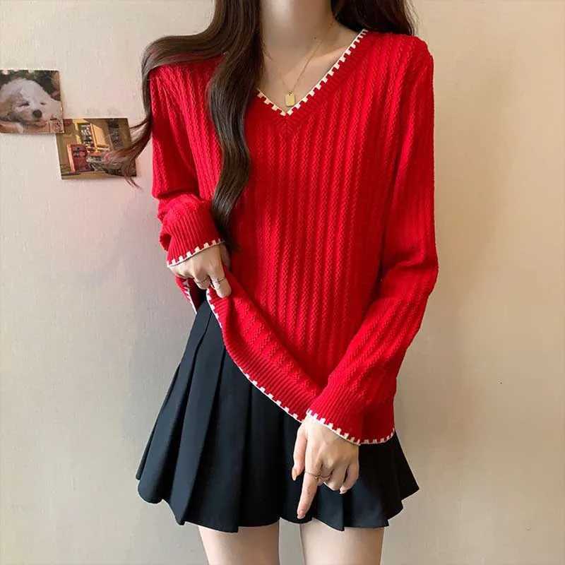 Women's Sweaters Fashion V-Neck Spliced Casual Screw Thread Sweaters Women's Clothing Spring New Loose Knitted Casual Pullovers Korean Top