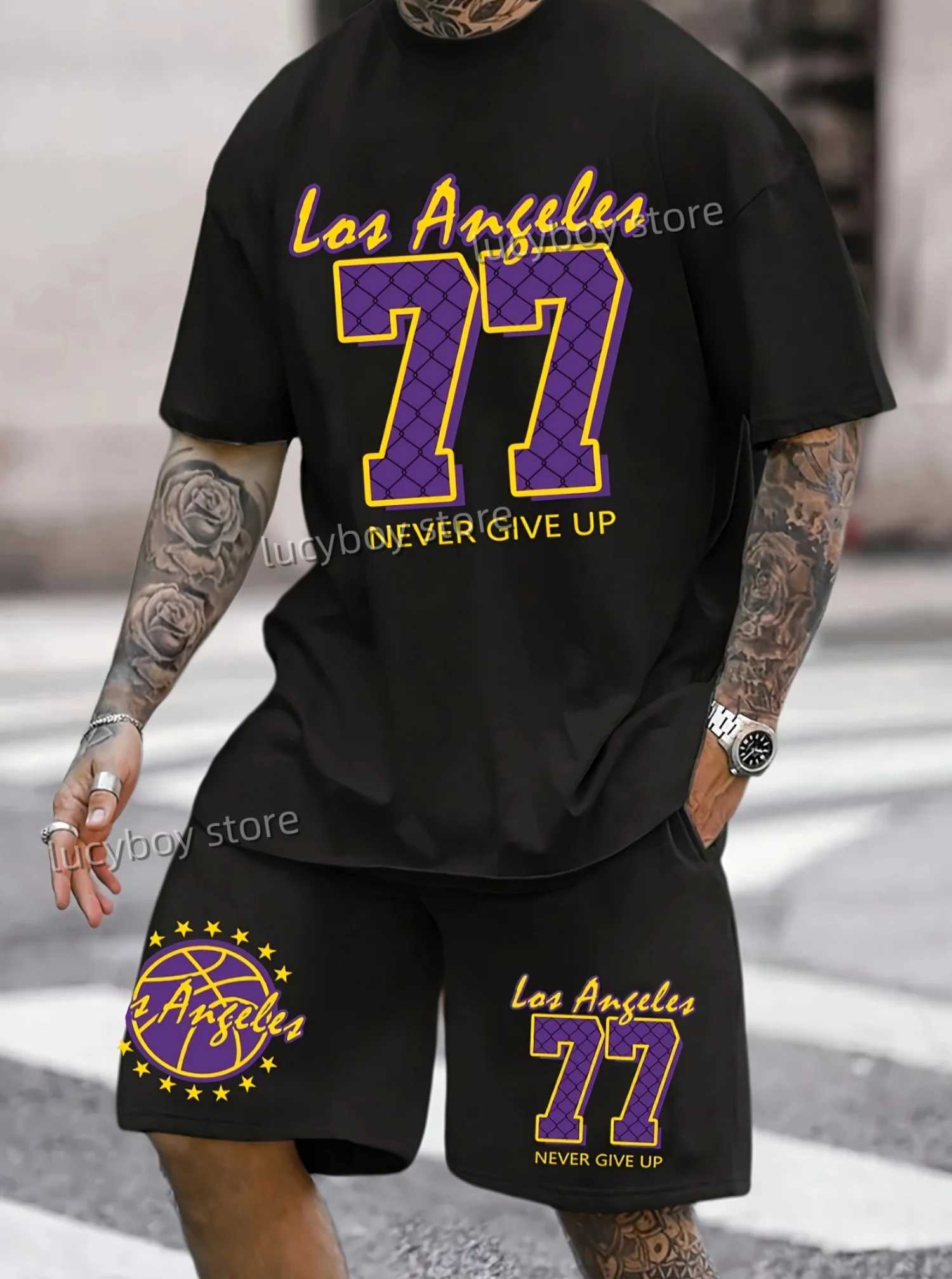 2026 Summer NEVER GIVE UP NO.77 Men 2pcs casual sports T-Shirt Shorts Set Adult Men Jogging Plus Size Tracksuit 2 Piece Set T260924
