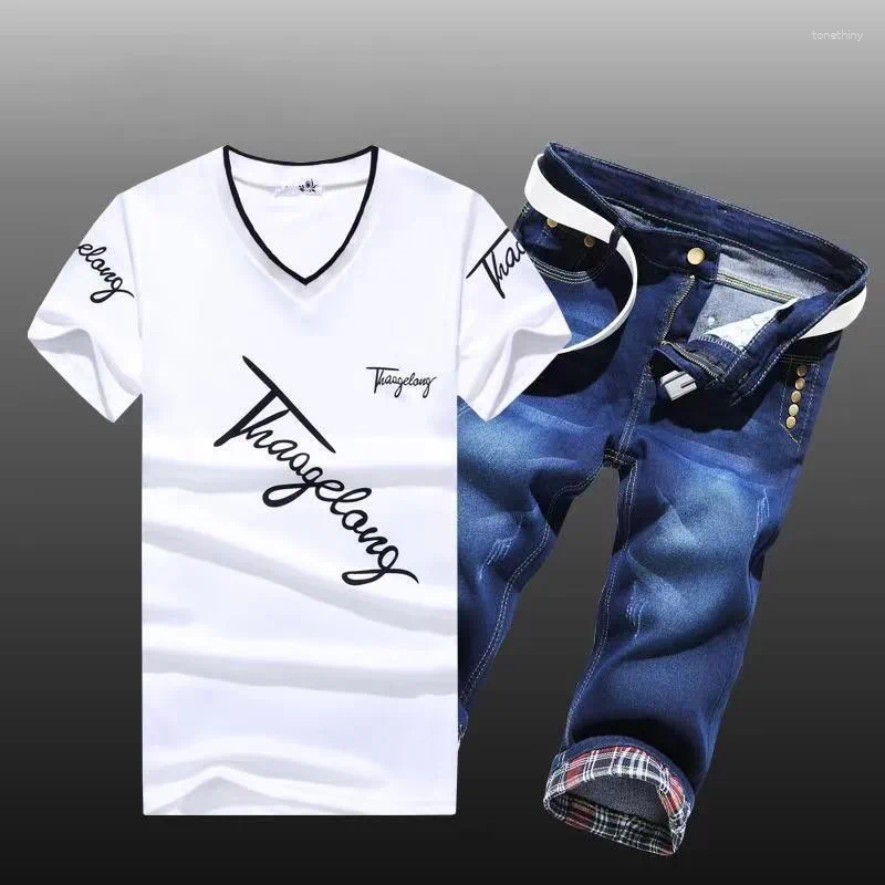 Summer Men Set Cotton T-Shirts Denim Shorts Tide Cowboy Two Piece Suits Handsome Men's Sets