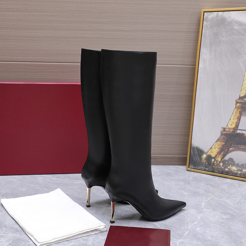 Winter Boots Designer Women Thigh High Boots Pointed Toe Metallic Stiletto Heel Bombshell Boot Print Canvas Fashion Boots Shoes Ladies Girls Outdoor