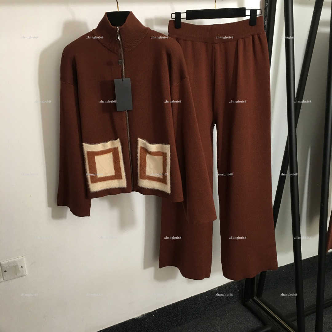 Fashion Women Knitted 2 Piece Outfit women designer clothes Stand Collar Zip Cardigan Contrast Square Pocket Wide Leg Pants Casual Loungewear Set A7