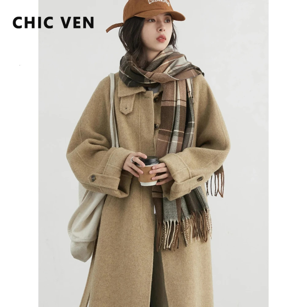 CHIC VEN Fashion Women Long Woolen Coat Solid Loose Casual Single Breasted Double-sided Ladies Overcoat Belt Autumn Winter 260922