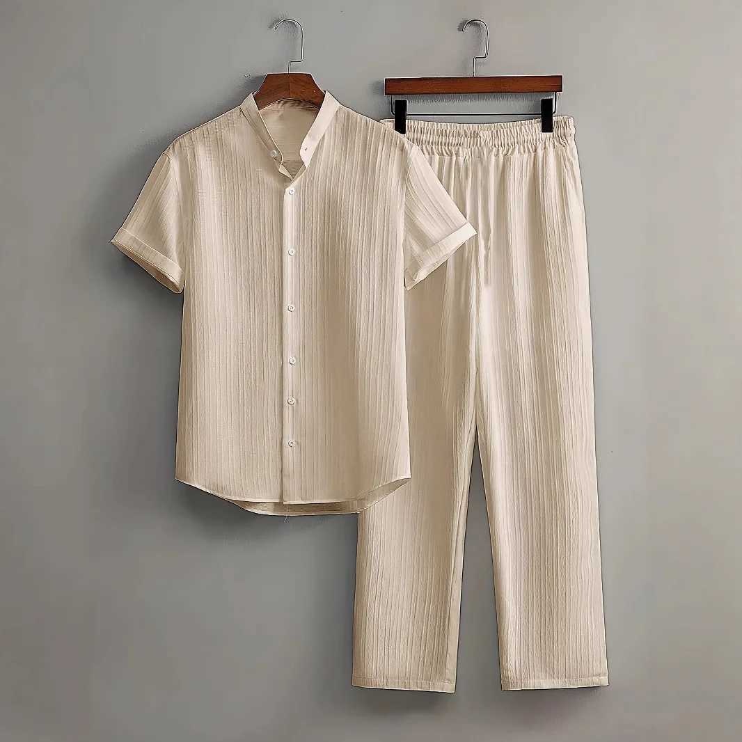 Men's Two Pieces Casual Outfit Loungewear Solid Color Textured Short Sleeve Button Down Shirt and Long Drawstring Pants T260924