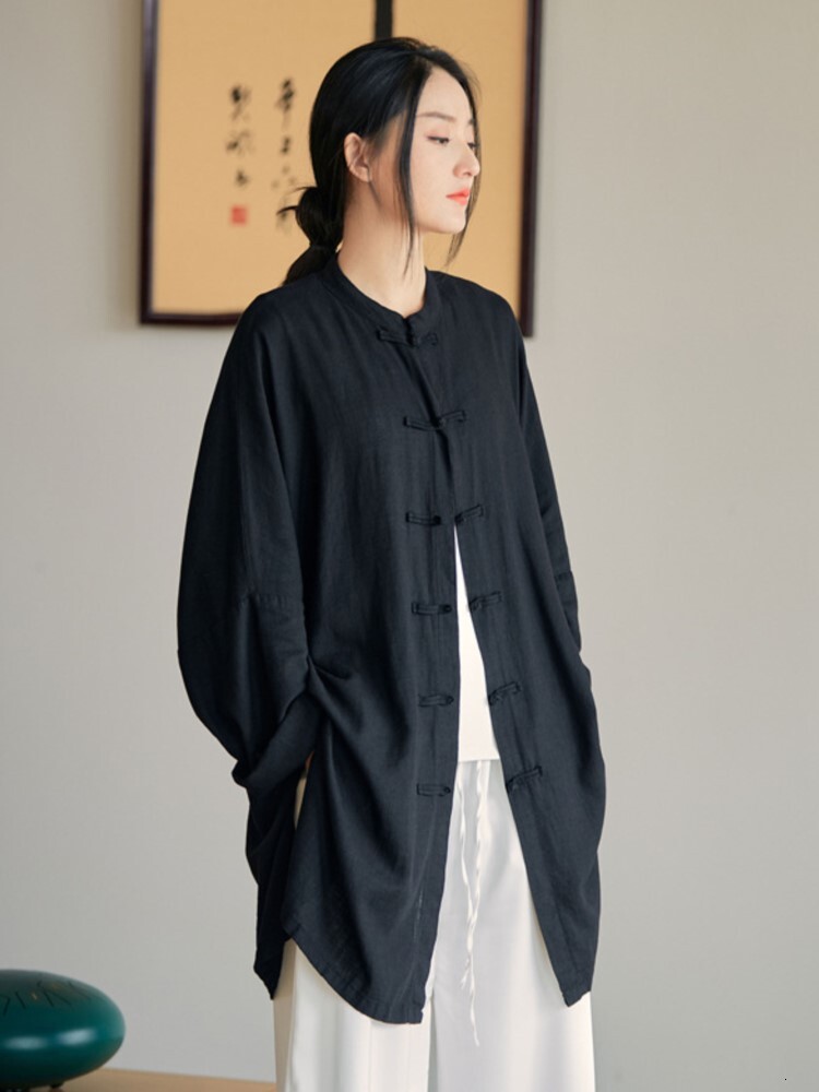 Johnature Women Vintage Loose Shirts Chinese Style Tops Stand Long Sleeve Button Solid Color Blouses 2025 Spring New Linen Shirt