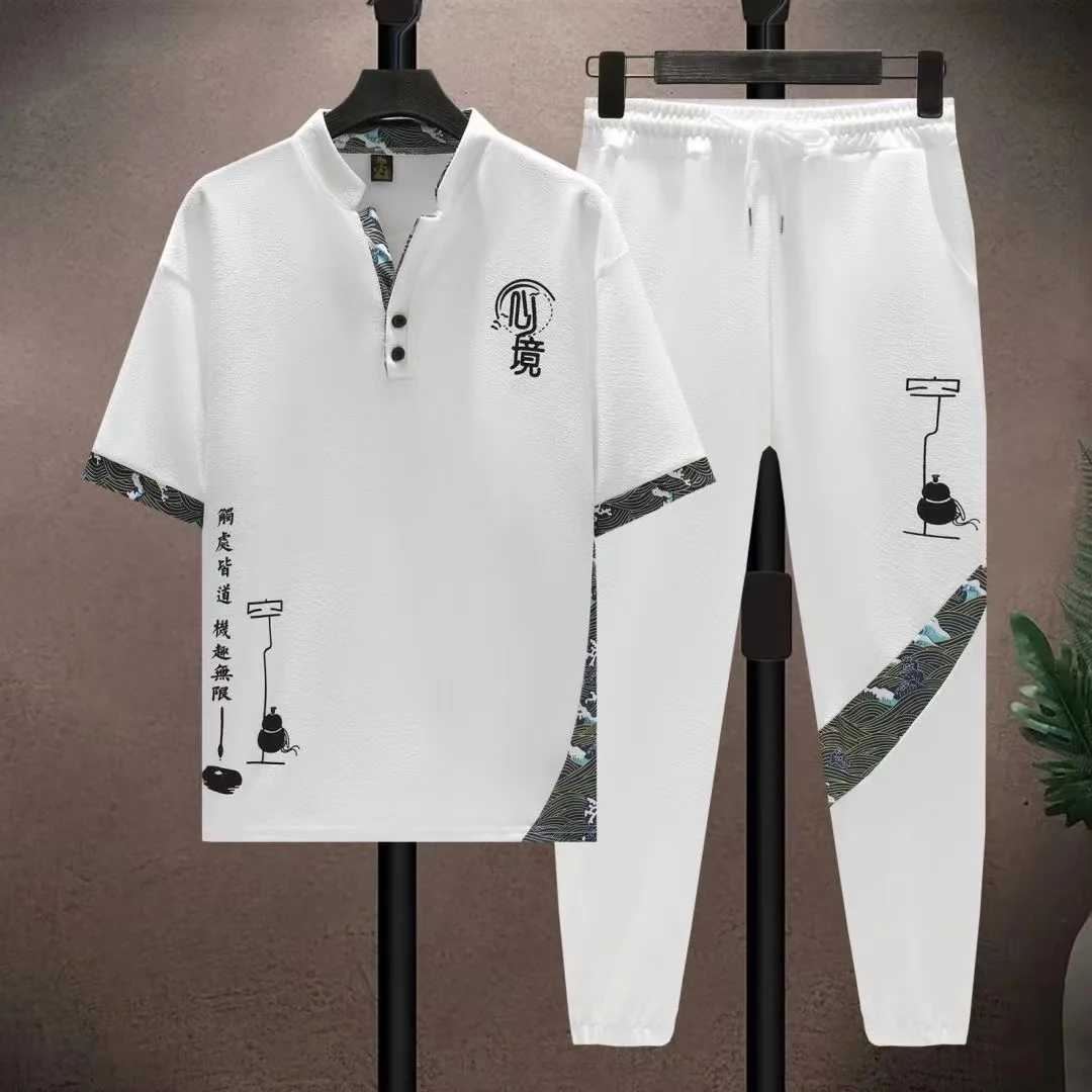 2024 Summer New Men's Chinese Retro Style Ice Silk Cool Loose Set Short sleeved Long Pants Casual Sports Fashion Two Piece Set T260924