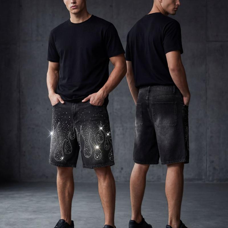 Mens Vintage Faded Black Denim Bermuda Shorts Mid Waist Sparkling Flame Pattern Decor Loose Straight Fit Button Zipper Fly Distressed Denim Shorts P