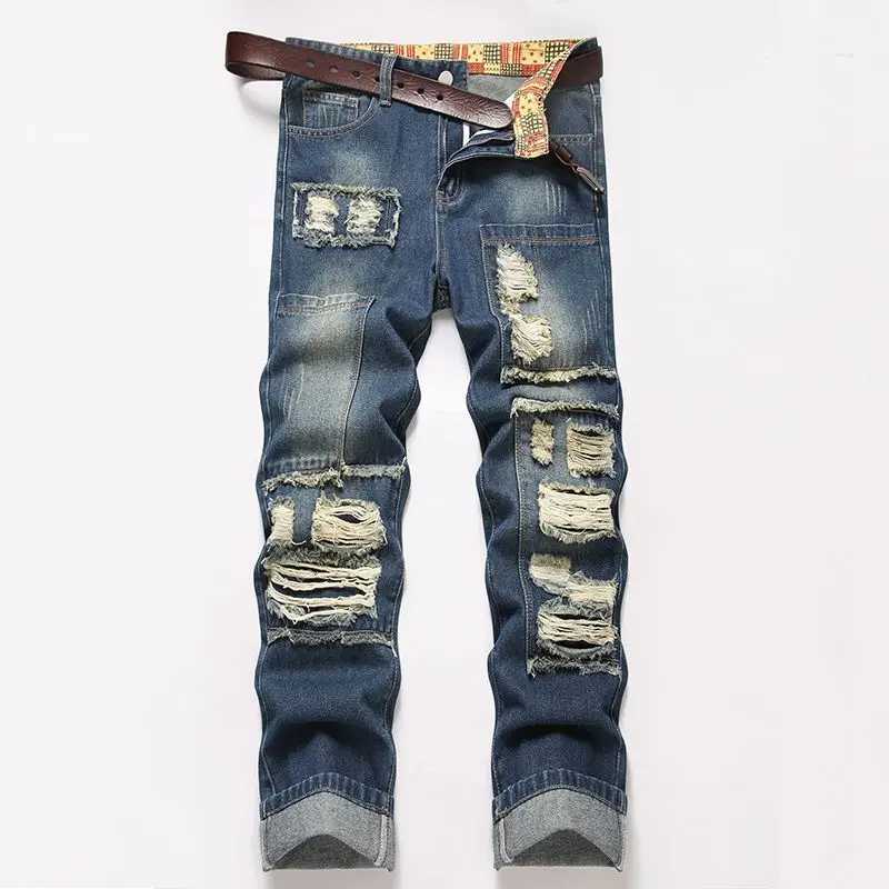New Vintage Men's Jeans Casual Straight Stretch Fashion Classic Blue Work Denim Trousers Male Brand Clothing Hole Design Autumn S260924LFJ4