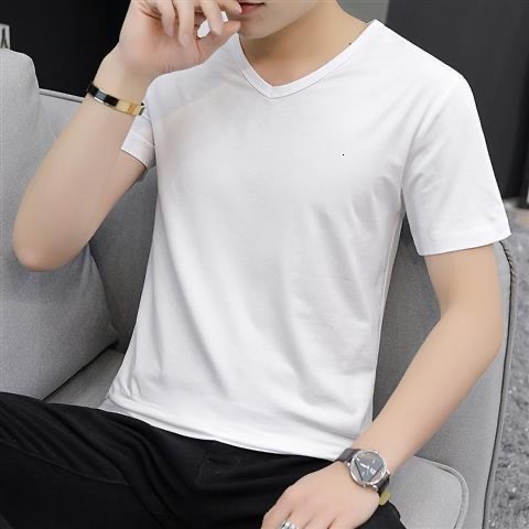 2021 new summer V-neck short-sleeve T-shirt, men's fashionable lightweight, trendy brand, slim-fit, and suitable as a base layer