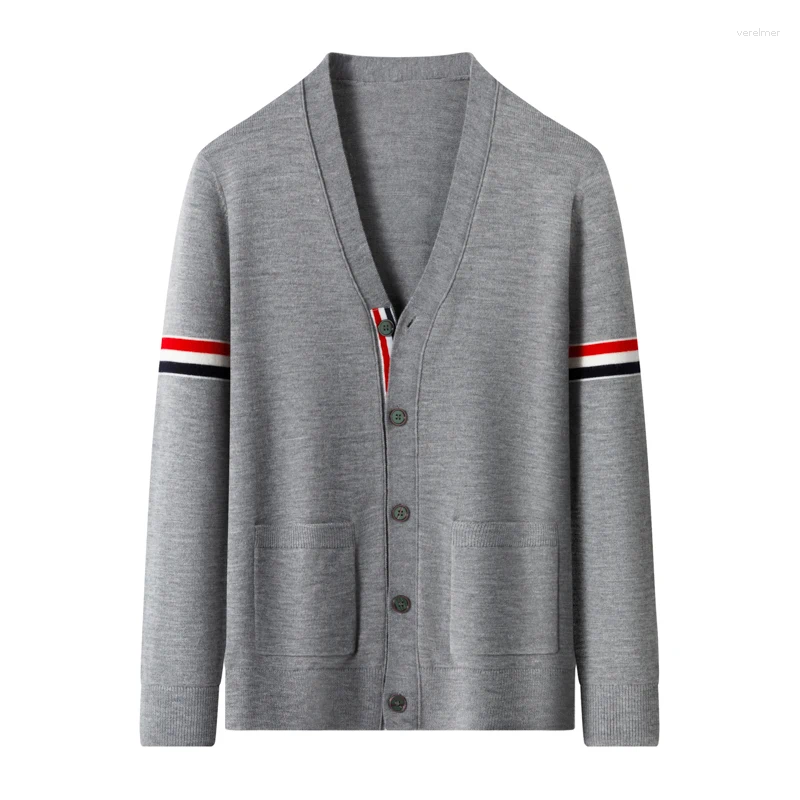 High End Men's Knitted Cardigan Luxury Brand Classic Fashion Striped Design Spring Autumn Casual Personality V-Neck Sweater