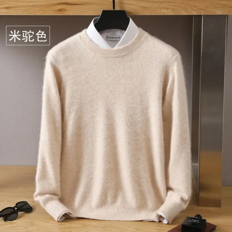 Autumn Winter 100 Mink Cashmere Sweater Men's Round Neck Pullover Loose Solid Color Plus Size Base Knit Business Casual 260910