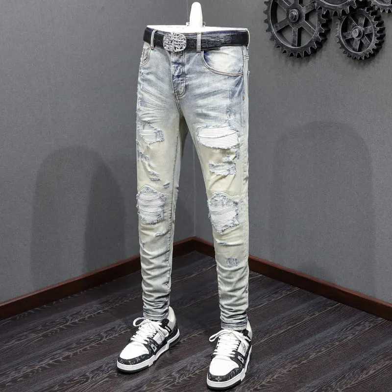 Y2K Fashion New Men's Light Blue Jeans Washed Nostalgic Stretch Slim Fit Perforated White Patch Retro Jeans Hip Hop Bran S260924KSBG