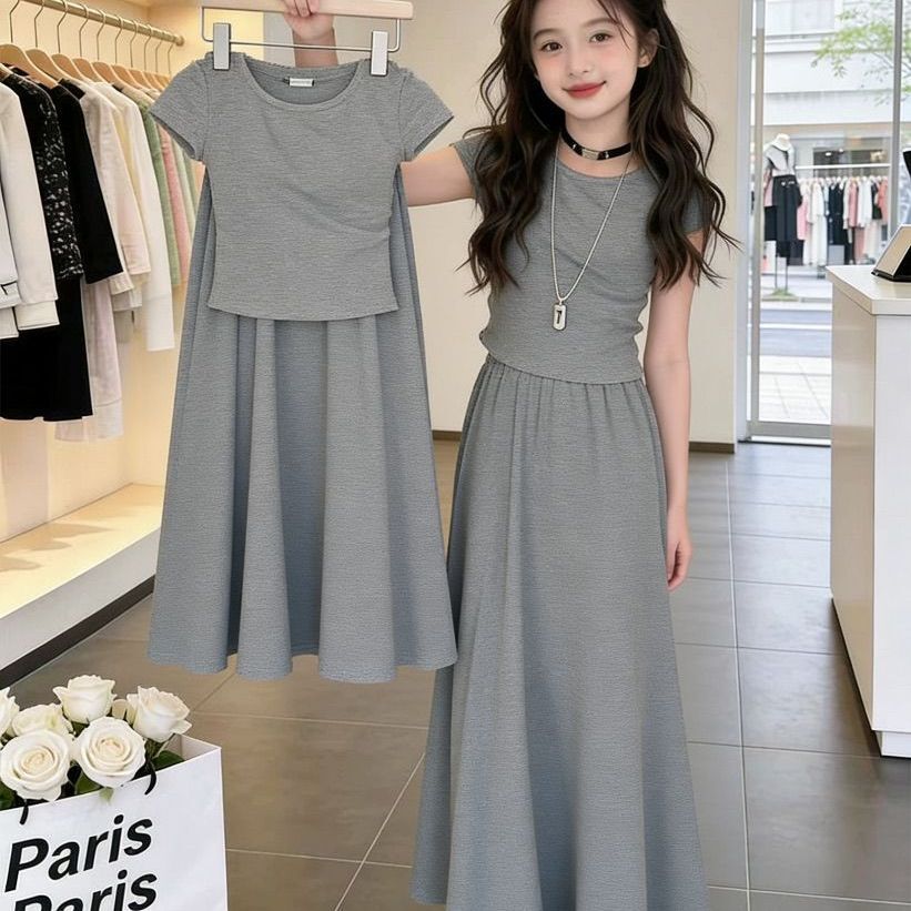 Gray Short Sleeve Two-Piece Set Girls Casual Cotton Summer Clothes Slimming Midi Skirt And Top Ensemble for Kids 4-13 Years