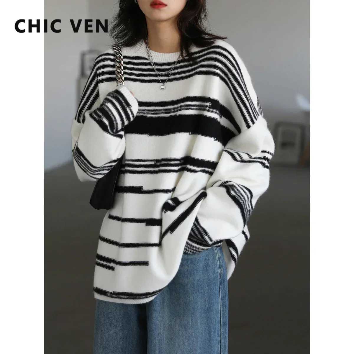 CHIC VEN Women Sweaters Streetwear Casual Loose Pullover Stripe Girl Jumpers Thick Warm Female Tops Autumn Winter 2025 Plus Z260924