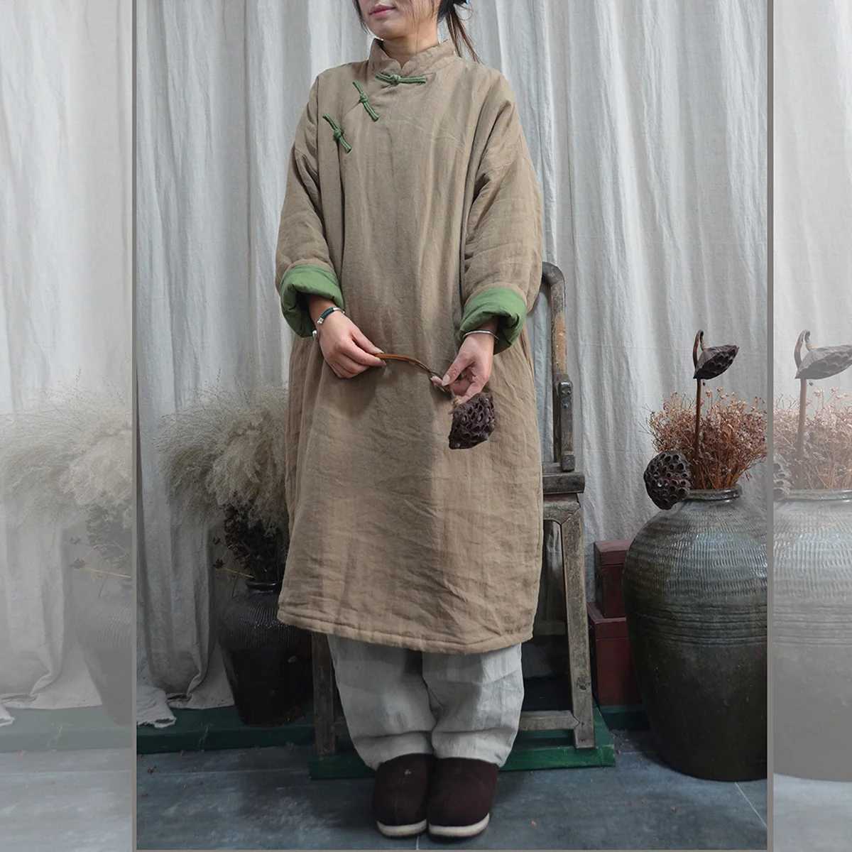 Lounge Women's Sleep Johnature Chinese Style Warm Dresses For Women Autumn Winter Stand Long Sleeve Robes 2025 New Cotton Linen Female Thicken