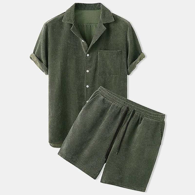 2025 New Men's Summer Corduroy Shirt and Shorts Set Solid Color Casual Wear Summer Street Wear Two-piece Suit T260924