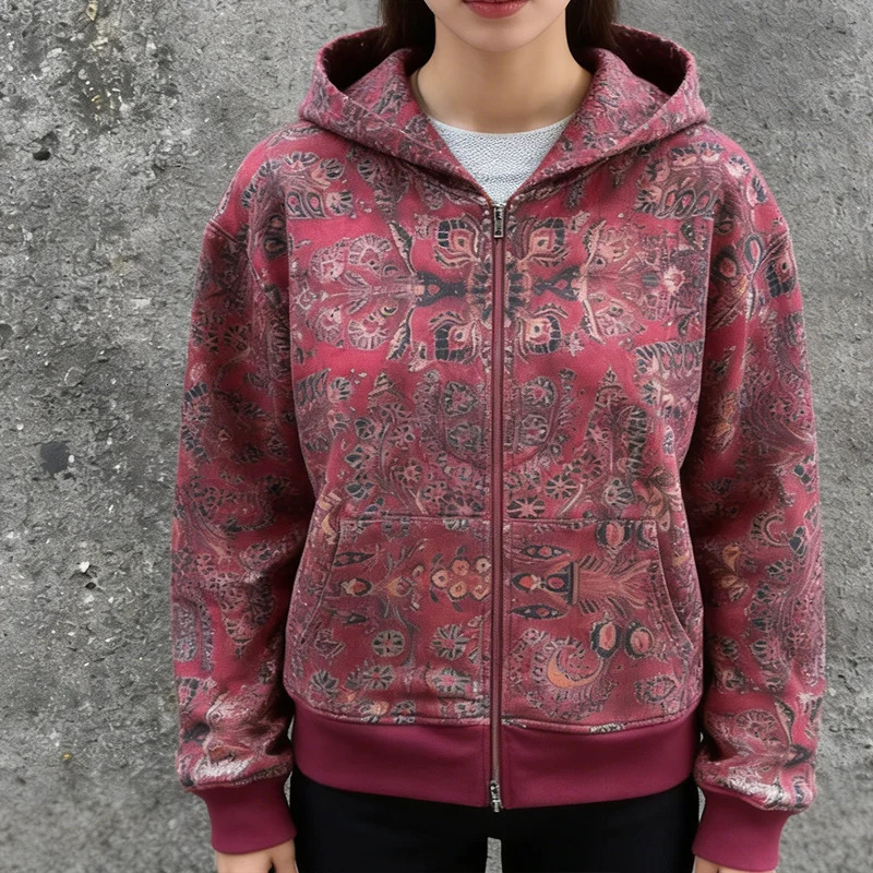 American INS Floral High Street Cool Trend Autumn Winter Loose Joker Hoodies Y2K Fashion Harajuku Long Sleeve Zipper Sports Coat 260920