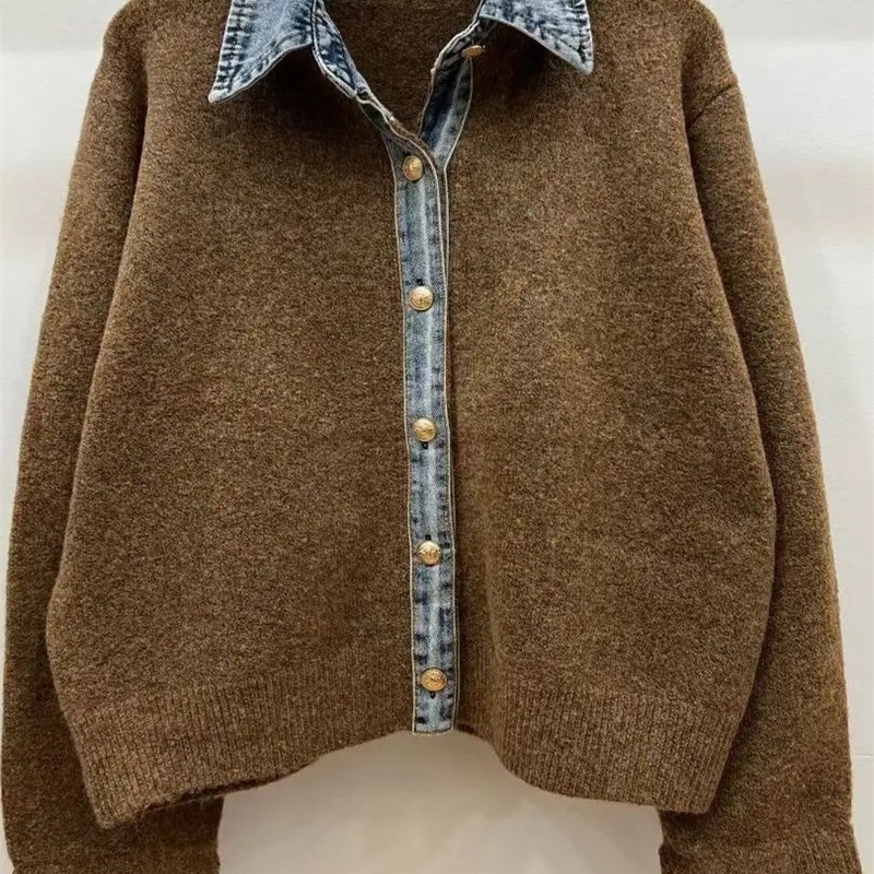 Chic Denim Collar Stitching Two-piece Sweater Women's Cardigan Single Breasted Knitted Jacket Coat Female Outwear 260923