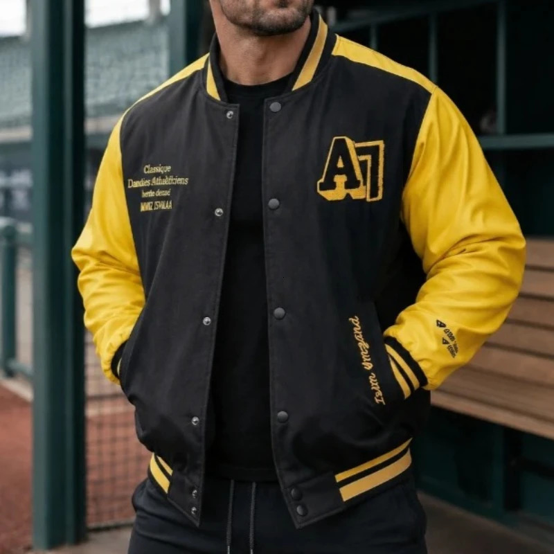 Yellow Color Block Baseball Jacket Men American Retro Stand Collar Patchwork Outerwear Mens Jackets Autumn Uniform Coat 2202