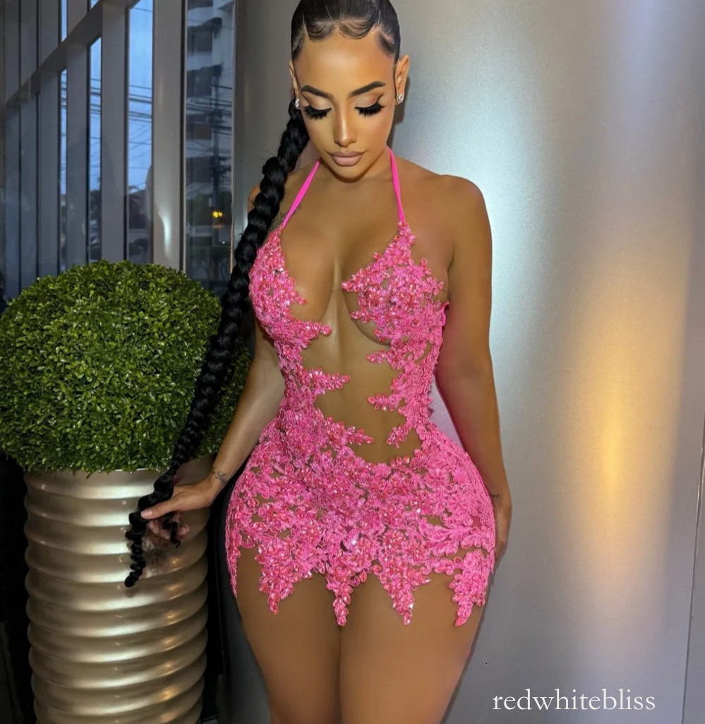 Sexy Pink Mini Short Prom Dress For Black Girls Sheer Halter Illusion Bodice Appliqued Cocktail Graduation Birthday Party Gowns African Womens Robe