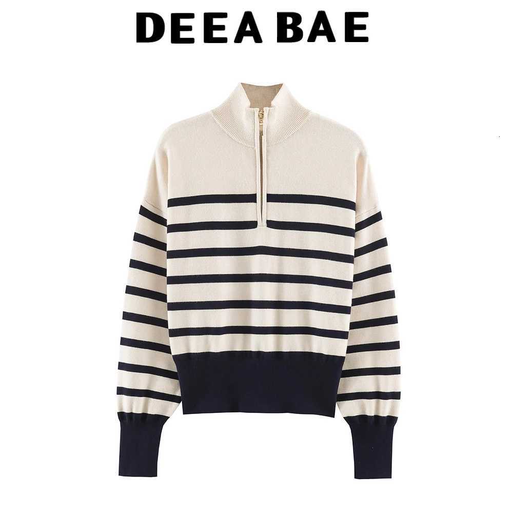 Women's Sweaters DEEABAE European and American style women's new 2026 casual versatile zipper striped knitted sweater H260923