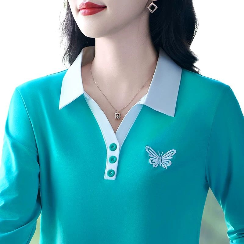Elegante camicia a maniche lunghe ricamata per donna con colletto strato base Top anti-età primavera autunno usura fibra di poliestere