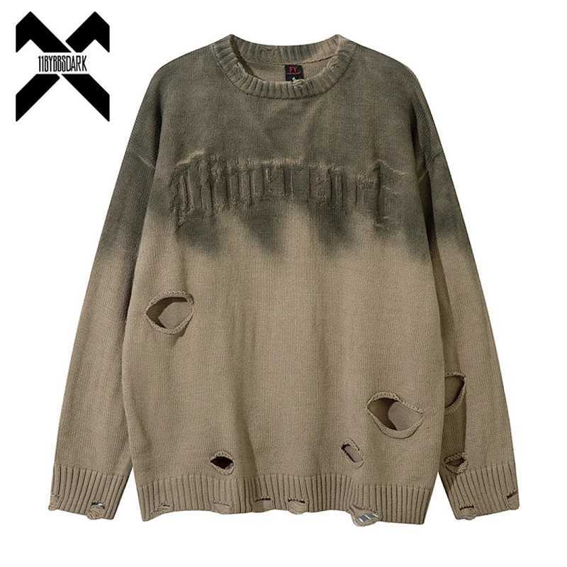 Sweaters Vintage Men's Gradient Sweater 2026 Mens Ripped Destroyed Knitted Pullovers Oversized Loose Knitwear Jumper Hip Hop Tops C260923