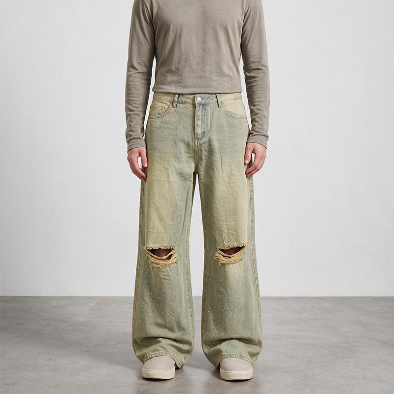 Jean Vintage vert à jambes larges pour hommes, déchiré au genou, effiloché, décor de strass, taille moyenne, pantalon Long en Denim ample et viei