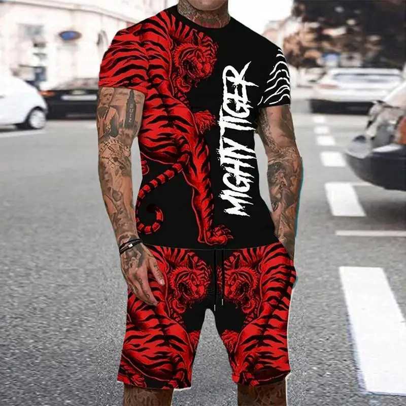 Men's Animal Tiger Tracksuit 3D Print Beach Suits Casual O-Neck Short Sleeve T-Shirt Shorts Sets Sportswear Men 2pcs Clothing T260924