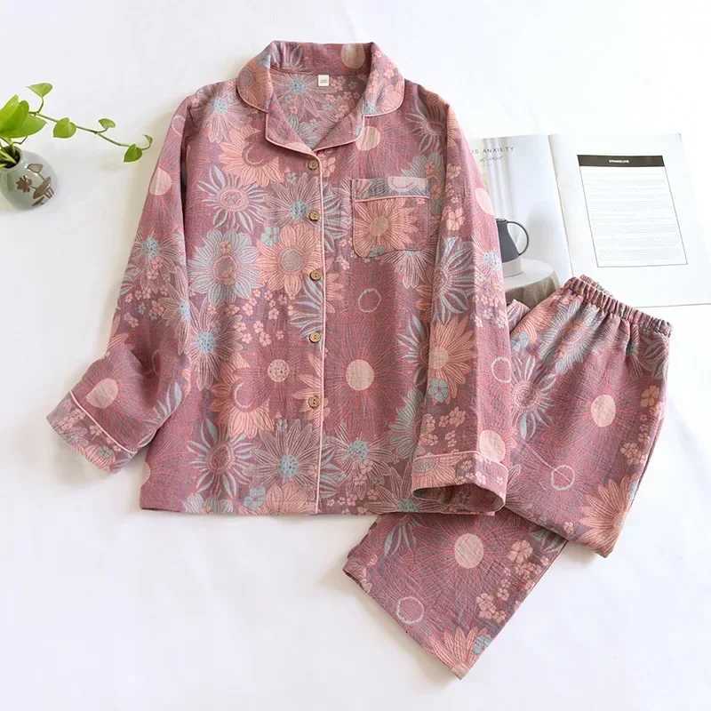 Women's Sleep Lounge 2026 New Women's Spring And Autumn Pajama Set 100% Cotton Jacquard Long Sleeve Two Piece Simple Cardigan Home Furnish